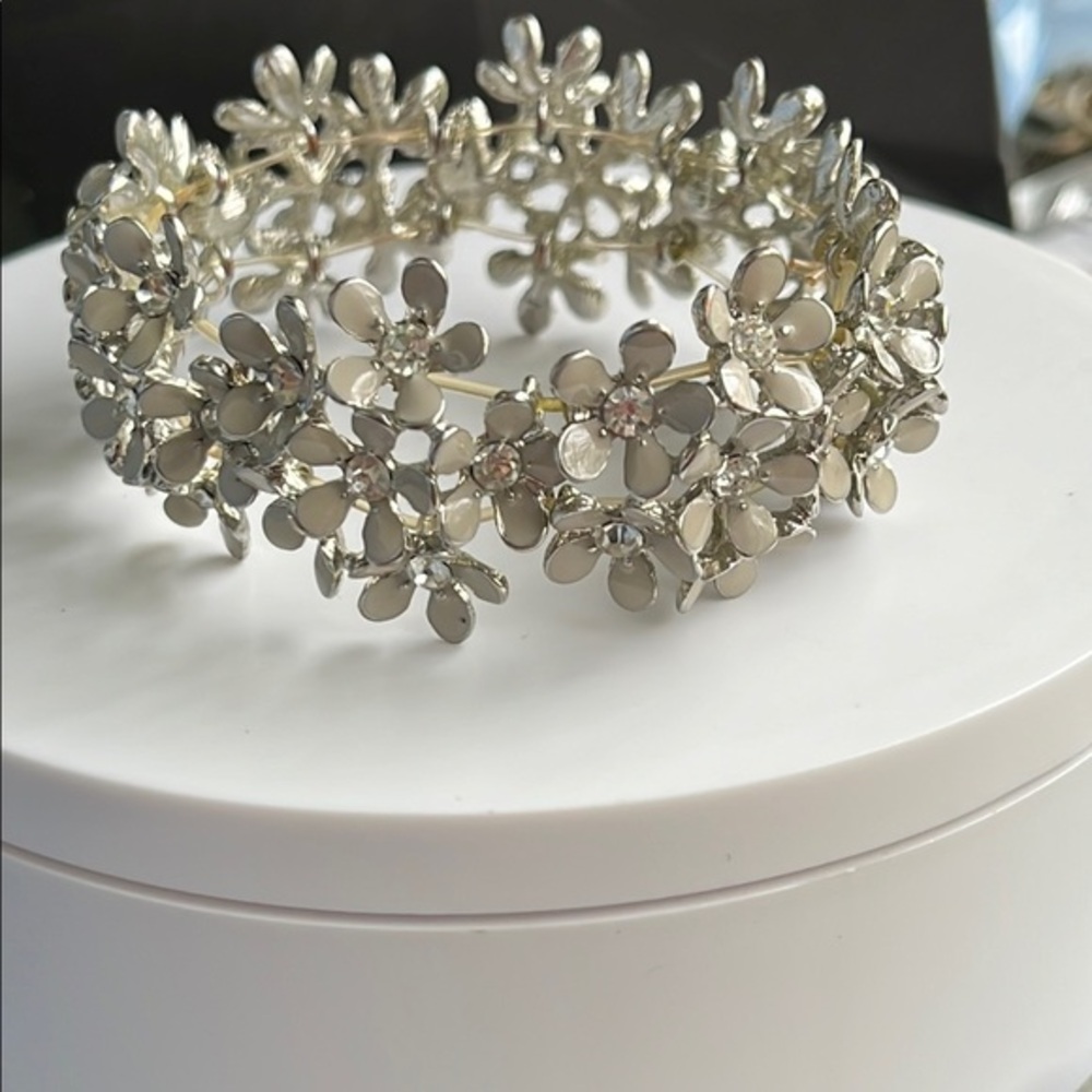 Silver Floral Stretch Bracelet with Crystal Centers